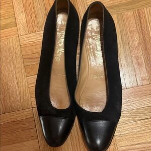 Neiman Marcus Black Suede Ballet Flats with Leather Cap Toe